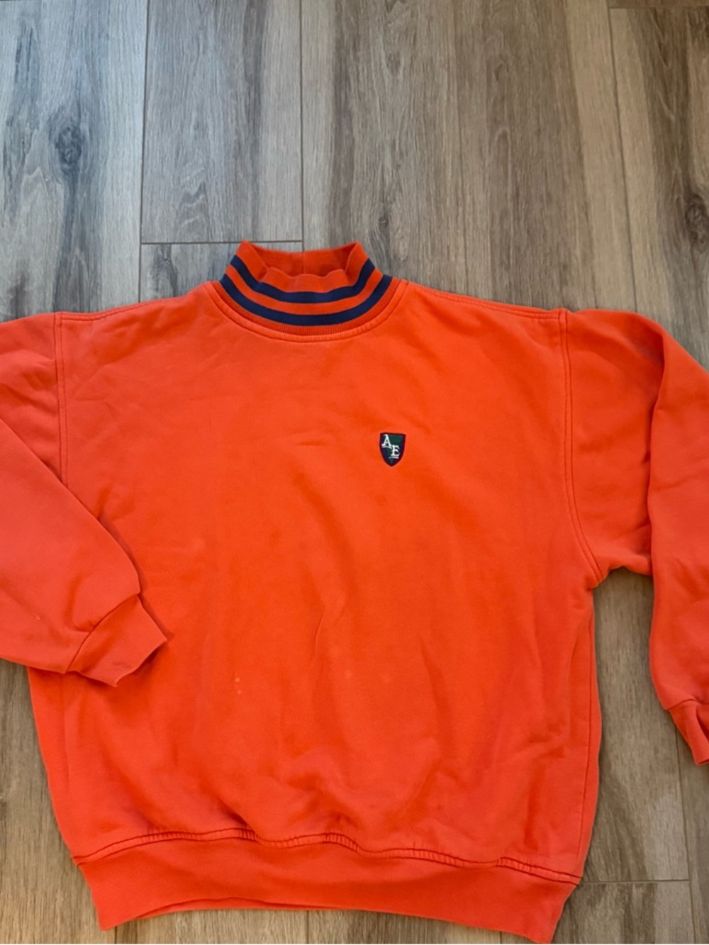 Vintage American eagle Men's Orange Crewneck Sweater with Stripe Collar medium